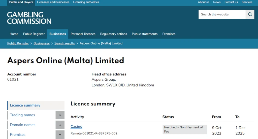 UK Gambling Commission register entry for Aspers Online