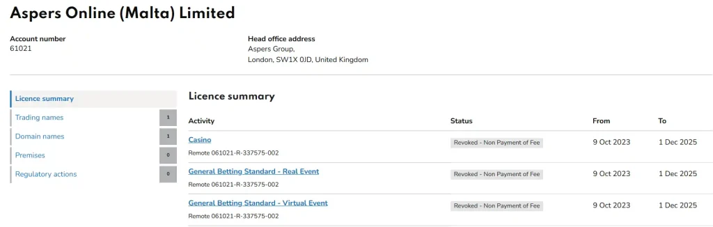 UK Gambling Commission licence record for Aspers Online Malta Limited