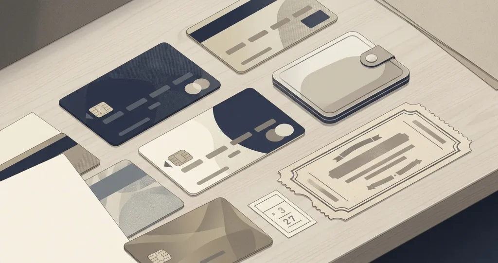Editorial illustration of historical payment cards, an e-wallet and an archived promotion ticket