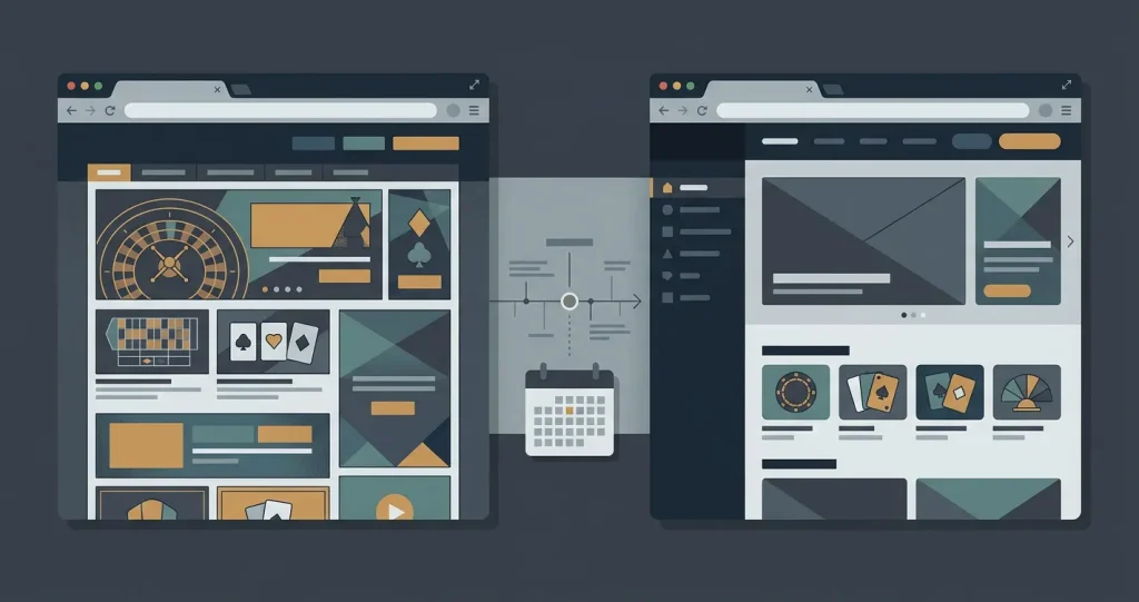Neutral before-and-after illustration of an online casino rebrand