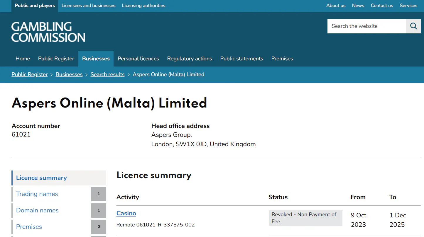 Image capture of the UK Gambling Commission public register entry for Aspers Online Malta Limited